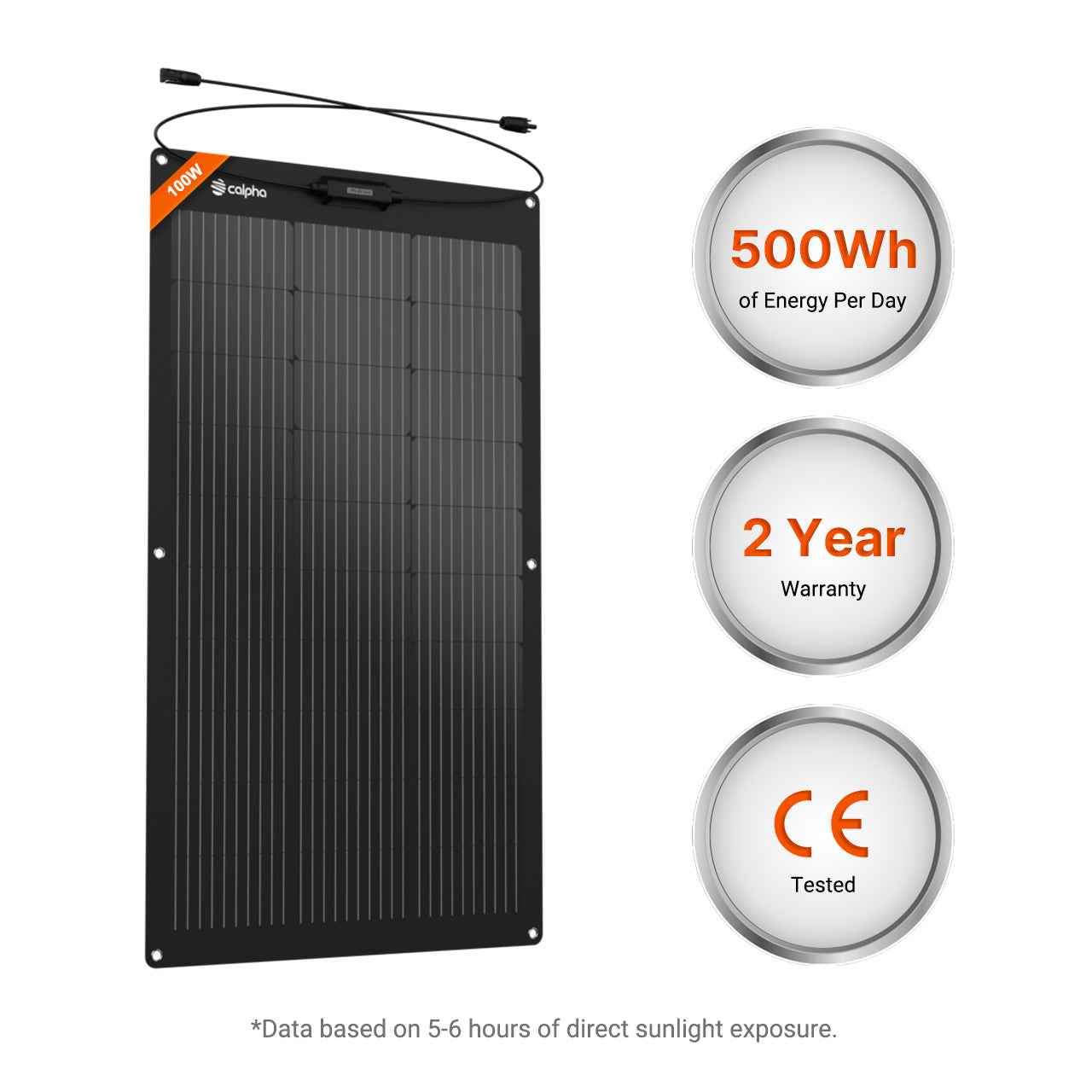 Calpha 100W 12V Flexible Monocrystalline Solar Panel Black -500Wh, 2 year warranty, CE tested